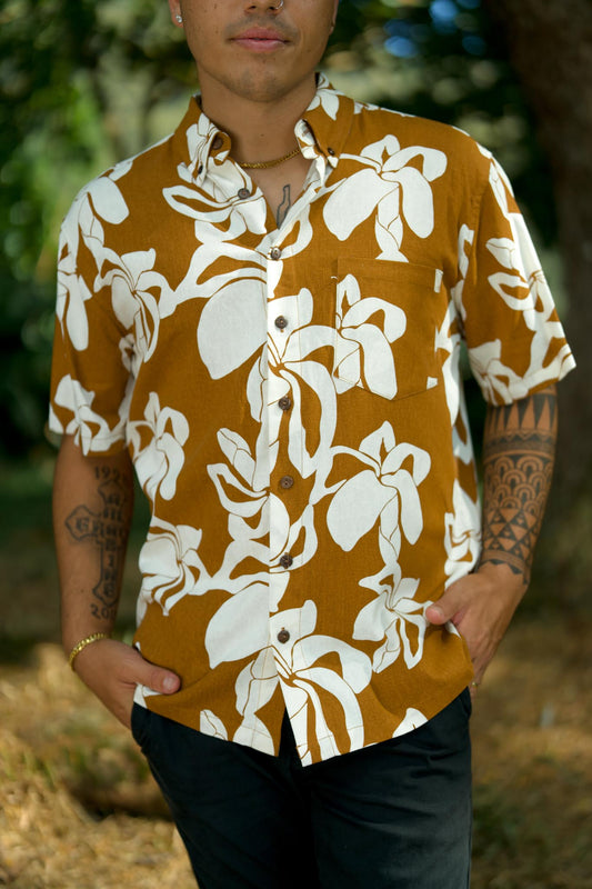 Men's Aloha Shirt Linen | Puakenikeni Brown