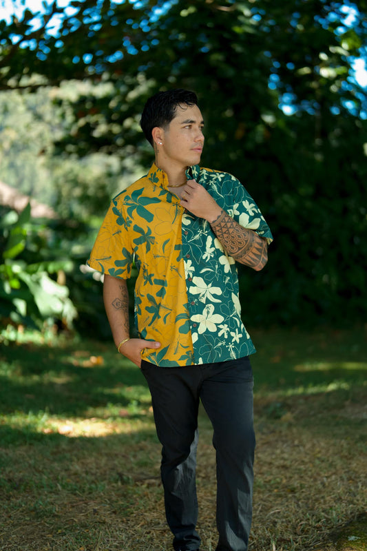 Men's Aloha Shirt Full Button Down | Hibiscus Yellow/Green