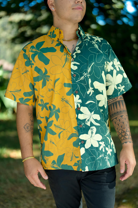 Men's Aloha Shirt Full Button Down | Hibiscus Yellow/Green
