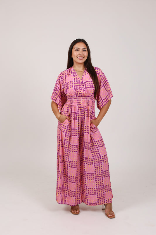 Vacay Long Jumpsuit | Palaka Quilt Bubble Gum