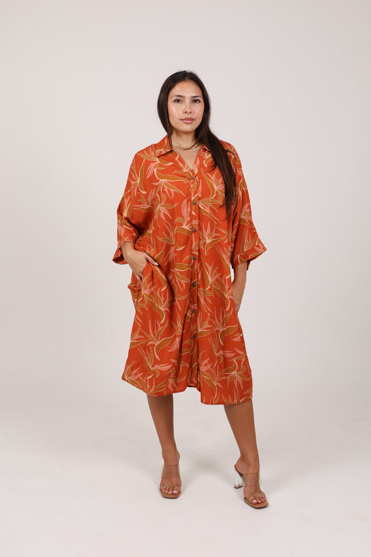 Aloha Button Down Dress | Bird Of Paradise Umber