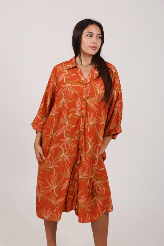 Aloha Button Down Dress | Bird Of Paradise Umber