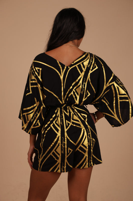 Kaimana Short Romper | Lauhala Metallic Black/Gold (KALA MAI)