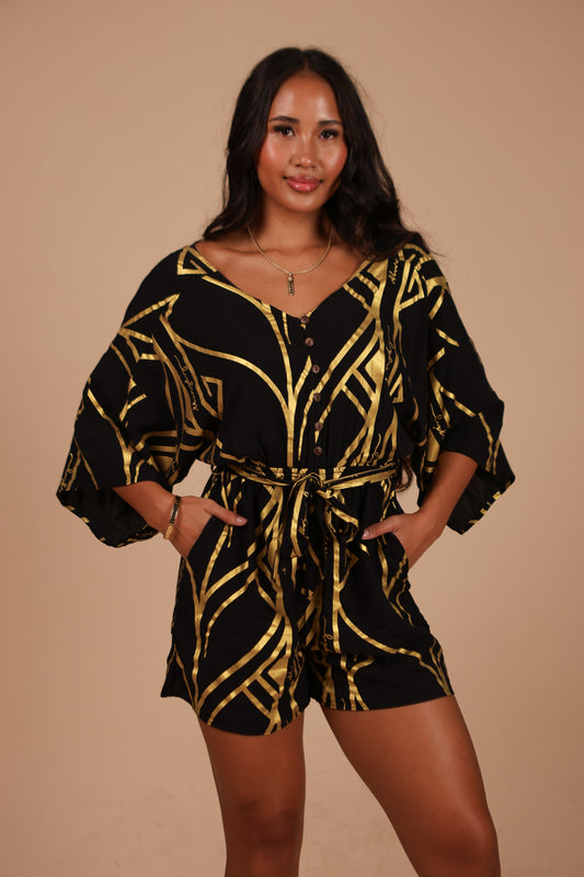 Kaimana Short Romper | Lauhala Metallic Black/Gold (KALA MAI)