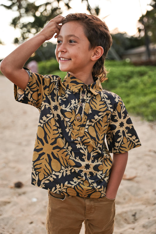 Keiki Aloha Shirt | Hawaiian Quilt Gold/Black