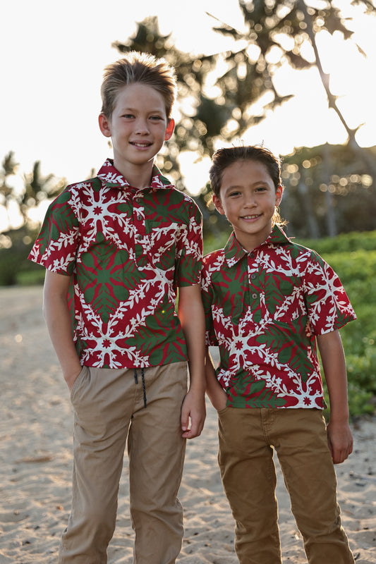Keiki Aloha Shirt | Hawaiian Quilt Red/Green