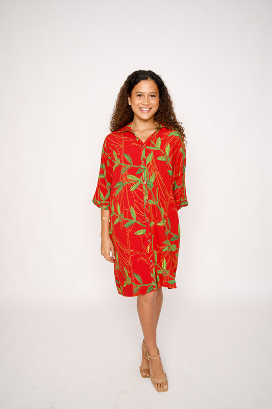 Aloha Button Down Dress | Hilo Ti Leaf Red