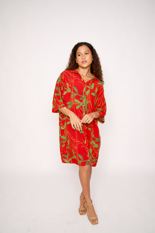 Aloha Button Down Dress | Hilo Ti Leaf Red