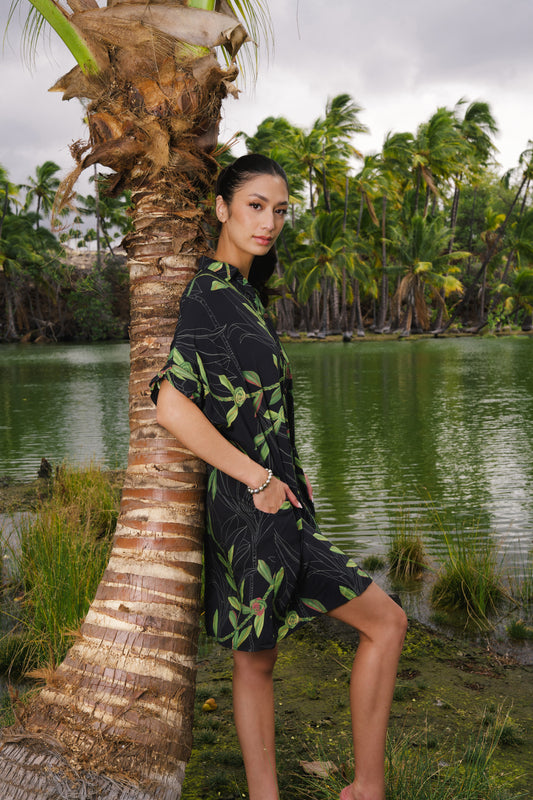 Aloha Button Down Dress | Hilo Ti Leaf Black