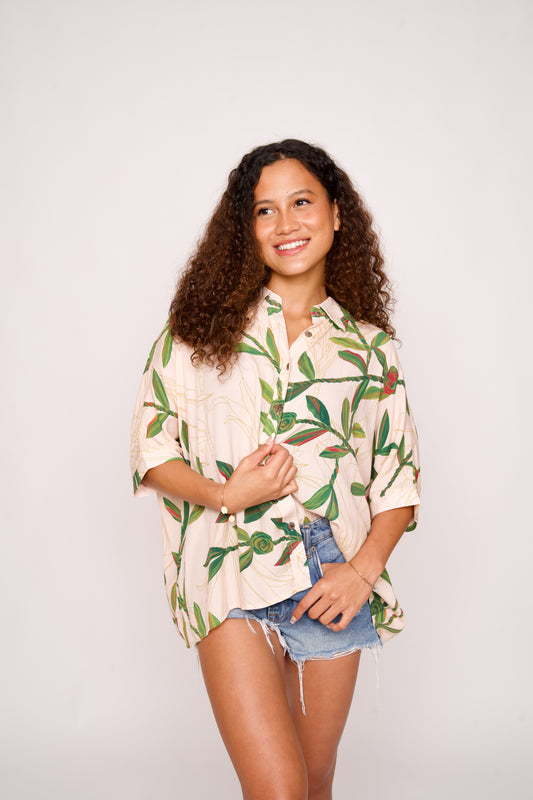 Kaia Button Down Blouse | Hilo Ti Leaf White (Kala Mai)