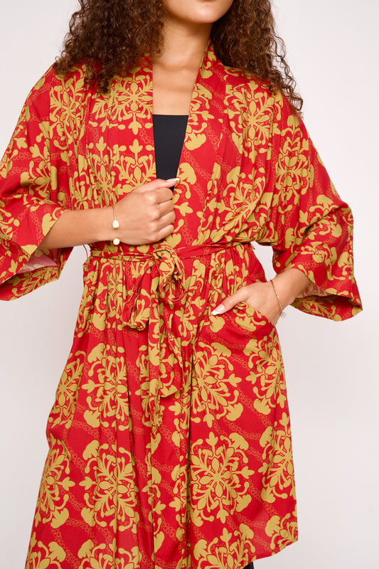 Kimono Midi Cover Up | Puakenikeni Quilt Red/Gold