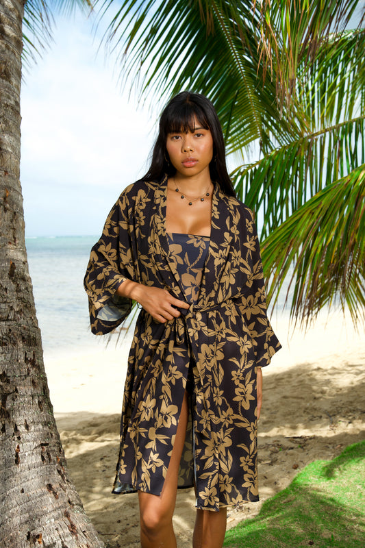 Banana Leaf Hawaiian Print Kimono Cover Up - Wine (Lau Mai'a Chiffon Cover Up)