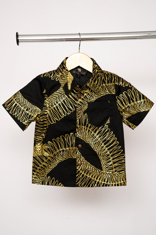 Keiki Aloha Shirt | Ginger Lei Black/Metallic Gold (KALA MAI)