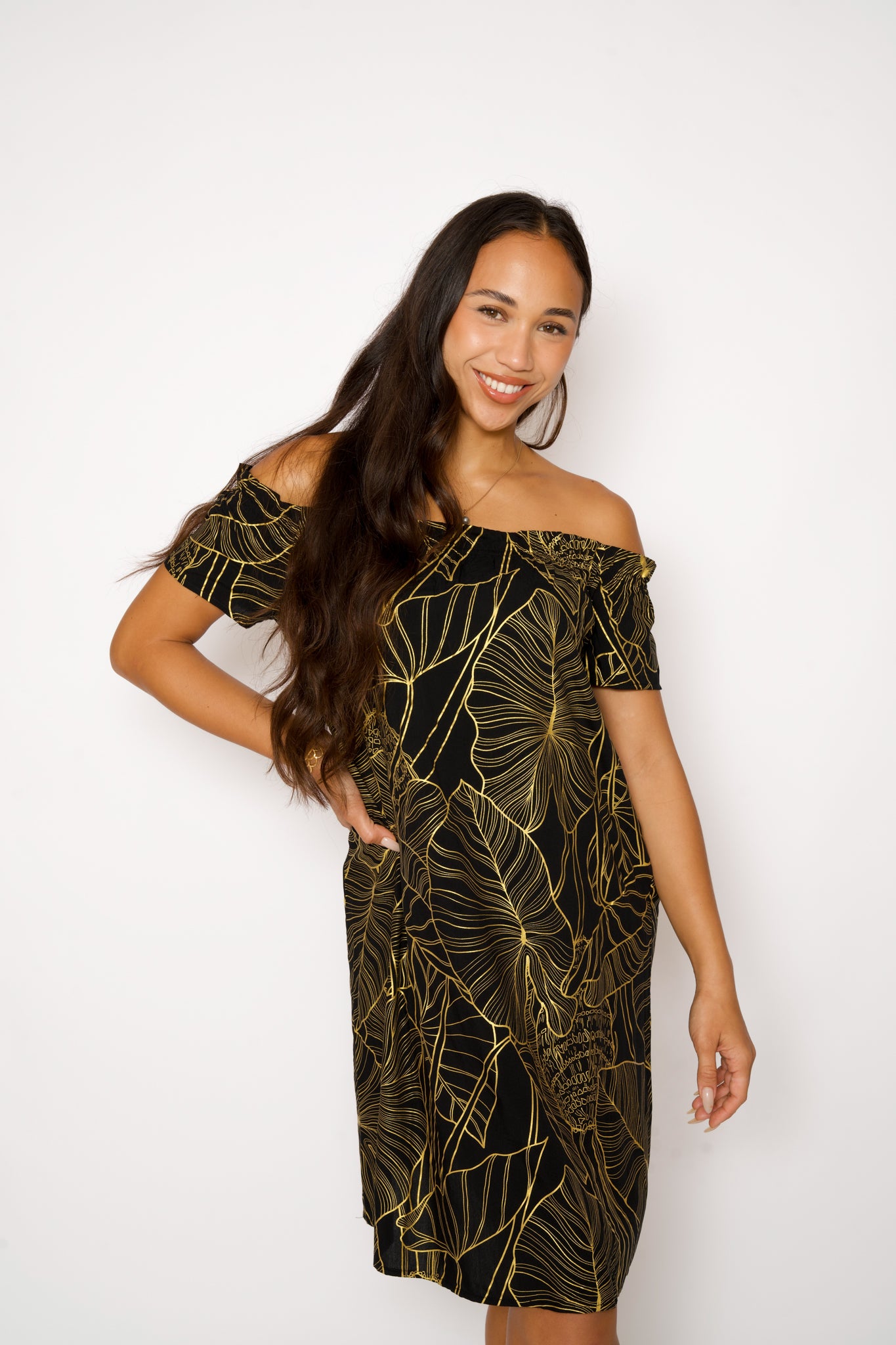 Off the shoulder black and gold dress 2025