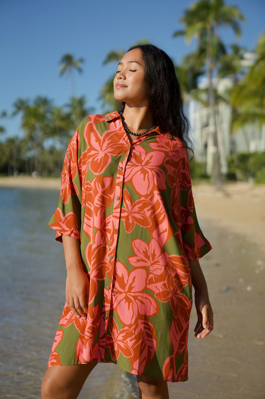 Aloha Button Down Dress Linen | Pua Melia Berry Pink LexBreezy Hawaii Aloha Button Down Dress Linen | Pua Melia Berry Pink LexBreezy Hawaii