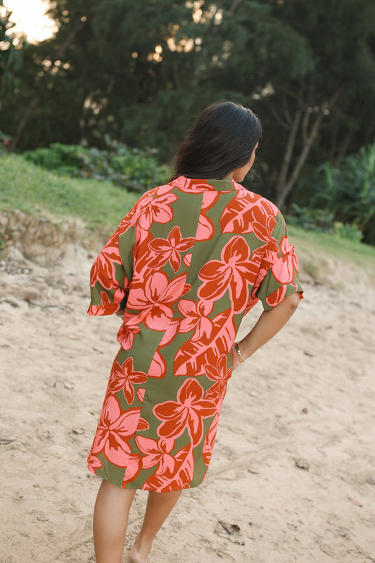 Aloha Button Down Dress Linen | Pua Melia Berry Pink LexBreezy Hawaii Aloha Button Down Dress Linen | Pua Melia Berry Pink LexBreezy Hawaii
