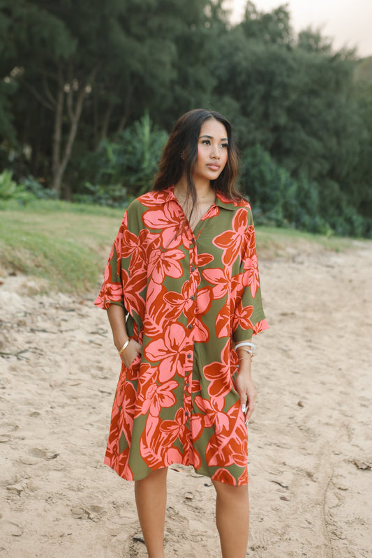 Aloha Button Down Dress Linen | Pua Melia Berry Pink LexBreezy Hawaii Aloha Button Down Dress Linen | Pua Melia Berry Pink LexBreezy Hawaii